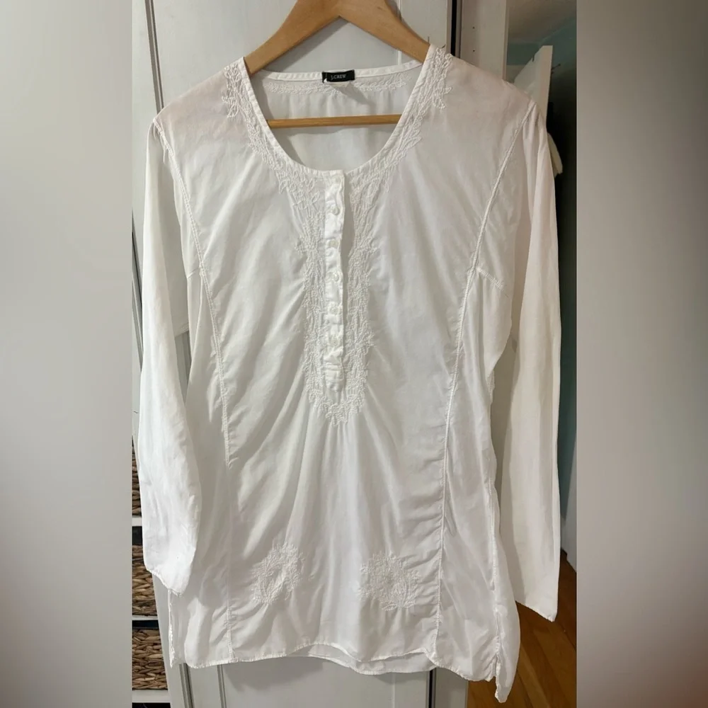 J. Crew Embroidered Cotton Vintage White Tunic Blouse Medium - Picture 4 of 11